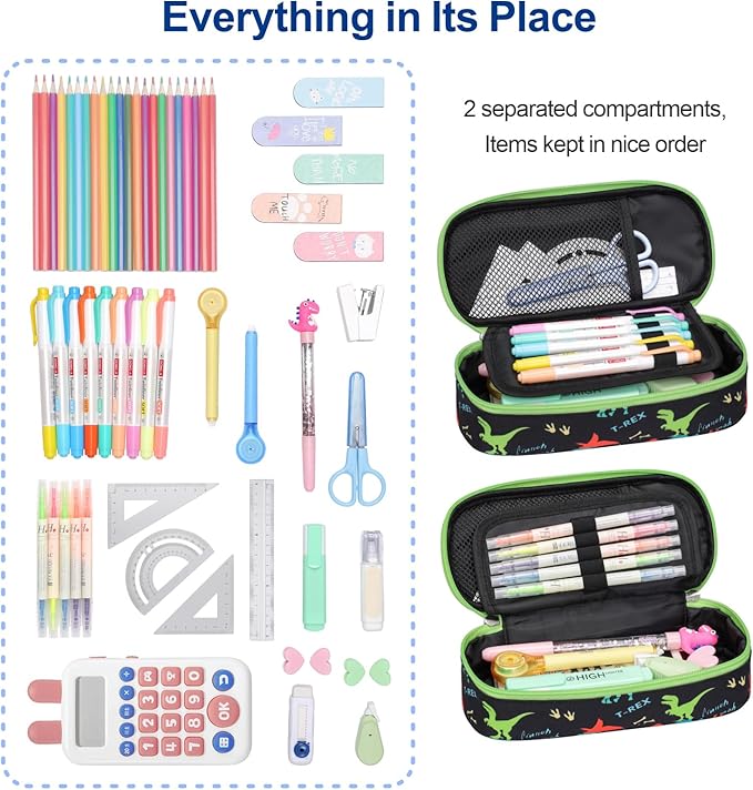 Bagseri 3pcs Clear Backpack for Boys - 15 Inch School Bag Set with Lunch Box and Pencil Case, Heavy Duty Transparent Bookbag for Kindergarten to Grade 2, Black Dinosaur