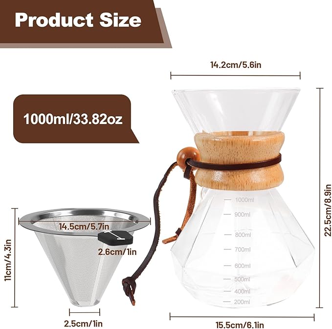 Pour Over Coffee Maker 1000ml 33.8oz Glass Drip Coffee Maker with 304 Stainless Steel Filter High Borosilicate Glass Duckbill Spout Solid Wood Handle Pour Over Coffee Dripper for Daily Brewing