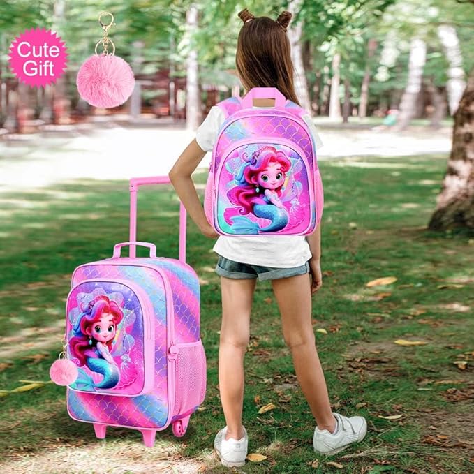 2Pcs Kids Suitcase Set, Girls Carry on Rolling Luggage with Wheels, Mermaid Travel Suitcases with Toddler Backpack(Pink)
