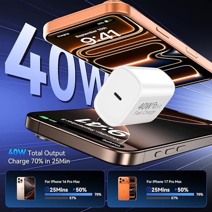 iPhone 17 16 15 Pro Charger Fast Charging, 40W USB C Fast Charger Block with 10FT Long Type C Chargers Fast Charging Cable Cord for iPhone 17/17 Pro/17 Pro Max/Air/16 Pro Max/16 Pro/15Pro