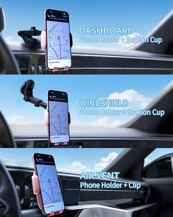 Wireless Car Charger, Auto-Clamping 3-in-1 Phone Mount - 15W/10W/7.5W Fast Charging Car Accessories Compatible with iPhone 16/15/14/13/12/11/Xs/XR, Samsung S23 Ultra/S22/S21/S20/S10+/S9(Pink)