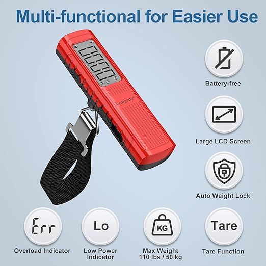 Battery-Free Digital Luggage Scale, 110lbs/50kg Portable Handheld Hanging Scale for Luggages, Suitcases, Backpacks & Bags, Easy Weighing for Travel, No Need Batteries (Red)