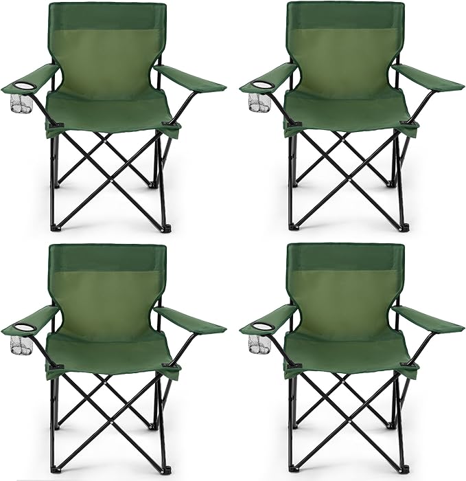 4 Pack Folding Camping Chairs for Adults, Foldable Portable Beach Chairs with Carry Bag & Cup Holder, Compact Design for Camping, Beach, Picnics, and Fishing Supports 300LBS（Green）