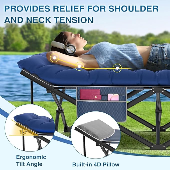 ZENPETIO Oversized XXL Folding Camping Cot, Heavy Duty Sleeping Cot for Adults with Mattress and Pillow, Portable Cot Bed with Carry Bag for Outdoor Camp Travel Home Guest Office, Blue