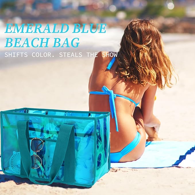 Fammart Iridescent Clear Beach Bag for Women, Jelly Tote Bag Waterproof Sandproof Pool Bag Cruise Vacation Essentials
