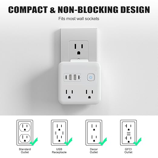 Multi Plug Outlet Extender with 2 USB-A + 2 USB-C & Phone Holder, HITRENDS 1875W/16A 4-Outlet Extender, Non Surge Protector Travel Cruise Ship Essentials, Electrical Wall Splitter for Home Office