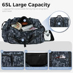 Fmeida 65L Duffle Bag with Shoes Compartment, Foldable Travel Duffel Bags for Men Women, Large Packable Travel Bag Water Repellent & Tear Resistant (BlackCamo)
