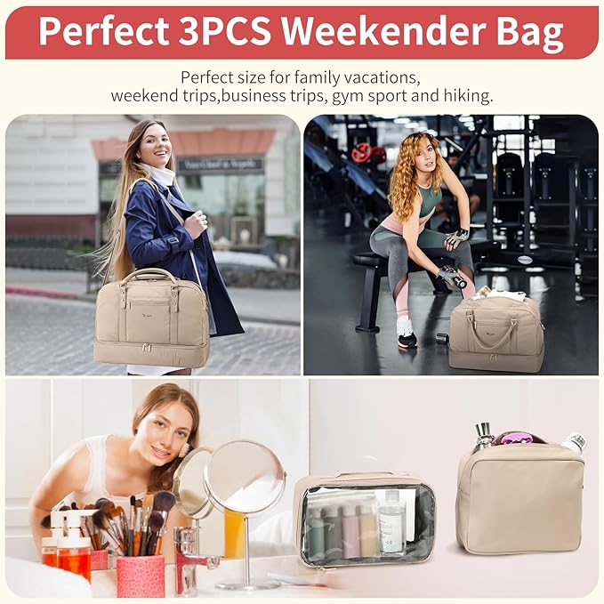 Wogarl 4PCS Weekender Bags for Women Large Overnight Weekend Travel Duffel Carry on Shoulder with Shoe Compartment Canvas Toiletry Bag for Travel Business Gym