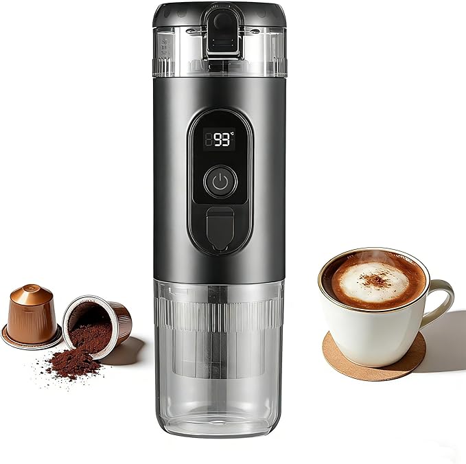 Portable Electric Espresso Machine Travel Coffee Maker 20 bar Mini Espresso Self-Heating Car Coffee Maker Compatible with Ground Coffee & NS Capsule for Camping RV Hiking Offic, Black