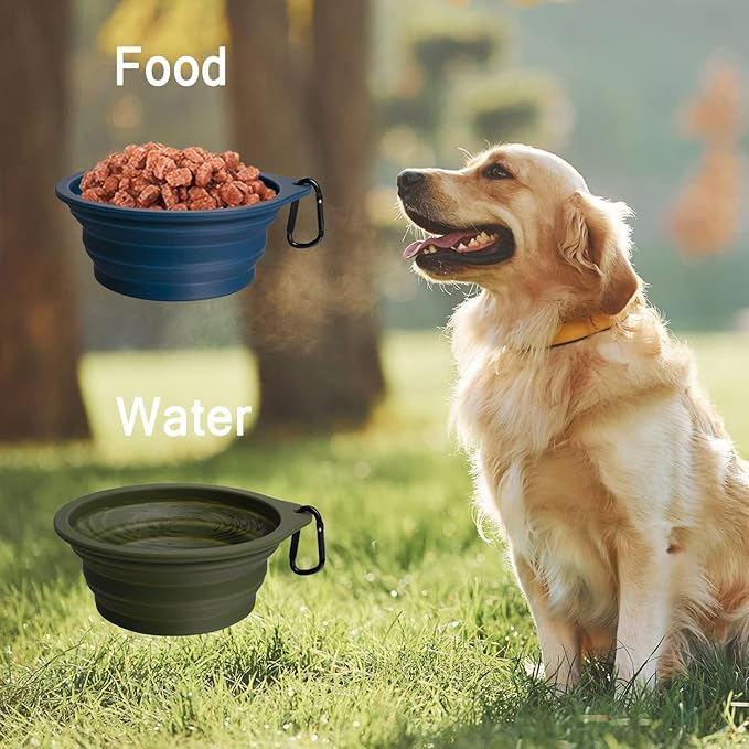 PetBonus 2-Pack Large Silicone Collapsible Dog Bowls, 34oz/1000ml BPA Free Portable Foldable Travel Bowl for Pet Cat, Food Water Feeding Dish for Camping with 2 Carabiners (Army Green, Navy Blue)