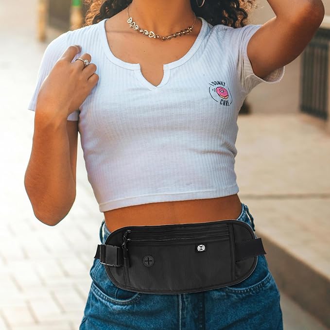 FuninCrea Waterproof Hidden Money Belt for Travel, Anti-Theft Belt Bag with RFID Blocking Function Adjustable Slim Waist Bag with 2 Zipper Pockets and 1 Back Pocket for Men and Women (Style l, Black)