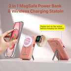 Magnetic Portable Charger Built-in Cables,10000mAh Fast Charging Wireless Charger Station External Battery Pack Slim Pocket Size Power Bank with Stand Compatible with iWatch, iPhone