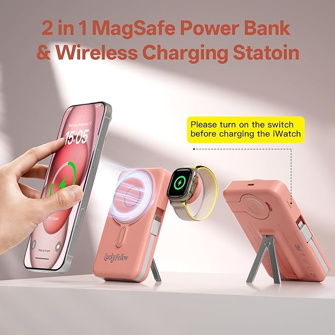Magnetic Portable Charger Built-in Cables,10000mAh Fast Charging Wireless Charger Station External Battery Pack Slim Pocket Size Power Bank with Stand Compatible with iWatch, iPhone