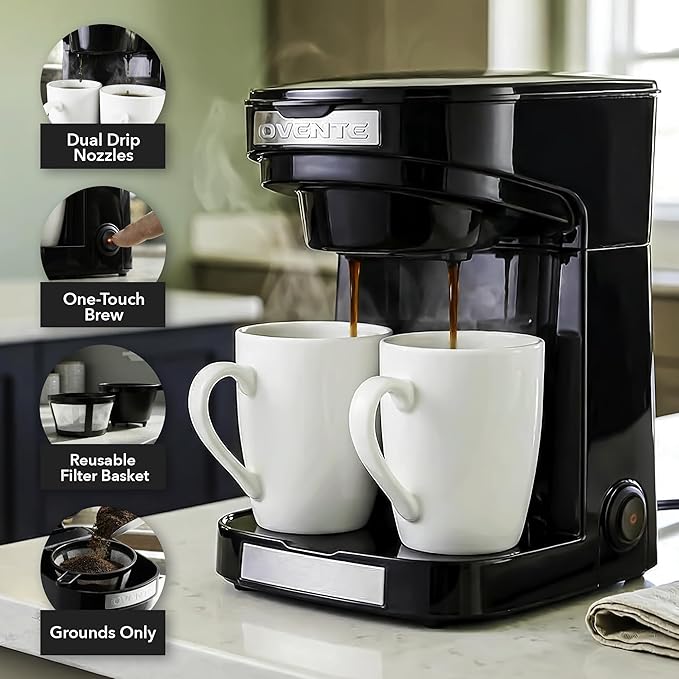 OVENTE Double Drip Coffee Maker. 2 Mugs Included. Coffee Machine. Auto Shut Off, Small Dual Drip Coffee Maker Machine. For Ground Coffee Only, Compact Kitchen or Office Essential, Black CMDD2MB