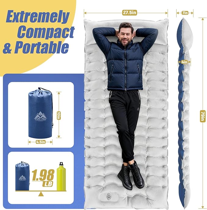 FUN PAC Camping Sleeping Pad, 8.8R-Value Ultralight Camping Mat with Pillow, Insulated Camping Mattress, Built-in Foot Pump Inflatable Sleeping Pads Compact for Camping Backpacking Hiking, Single