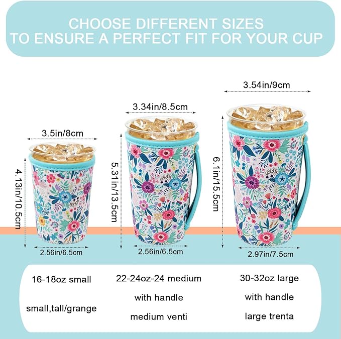 KJQJLY 3 Pack Reusable Iced Coffee Sleeves for Iced Coffee Cups or Drinks Reusable Neoprene Insulated Sleeves for Hot and Cold Drinks from Starbucks, Dunkin, And More (White Flower Bush)