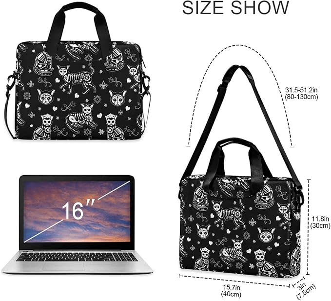 Laptop Bag 15.6 inch, Waterproof Laptop Case with Strap, Protective Laptop Carrying Case for Women&Men, Death Halloween Cats Gothic