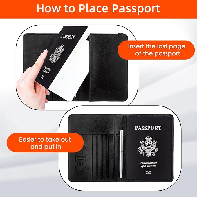 WALNEW Passport Holder for Travel, RFID Passport Cover Wallet for Women Men, PU Leather Passport Book Card Holder Case with Pen, Travelling Essentials for Flying