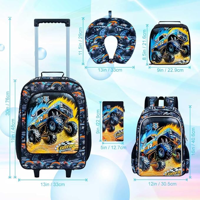 5Pcs Kids Suitcase for Boys, 18" Truck Toddler Carry on Luggage with Wheels, Cool Travel Rolling Set(Black)