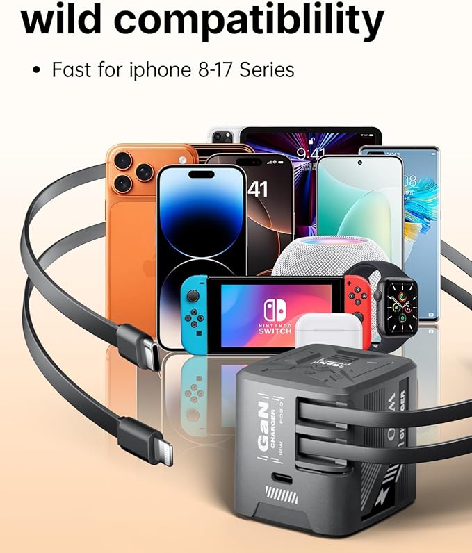 W & O 60W gan Fast Charger for iPhone, Retractable Phone Charger Wall Plug with USB‑C & Compatible Lightning Cables,for iPhone 17/16/15, Galaxy S25/24,Android Devices（Black