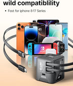 W & O 60W gan Fast Charger for iPhone, Retractable Phone Charger Wall Plug with USB‑C & Compatible Lightning Cables,for iPhone 17/16/15, Galaxy S25/24,Android Devices（Black