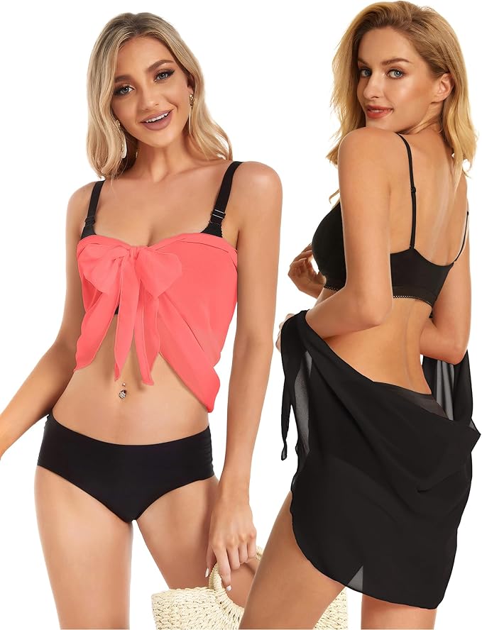 CHICGAL 2 Pieces Women Beach Sarong Bathing Suit Wrap Skirt Sheer Bikini Swimsuit Cover Ups for Swimwear