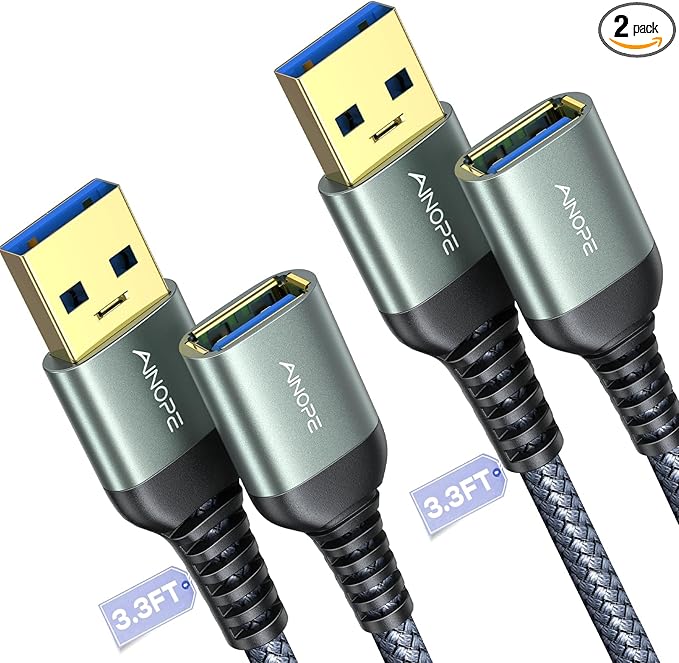 AINOPE 2 Pack USB Extensions Cable High Speed USB 3.0 Extension Cord Type A Male to Female Sturdy Braided Material Fast Data Transfer Compatible with USB Keyboard,Mouse,Flash Drive,Grey,3.3FT+3.3FT