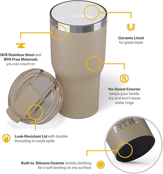 RTIC 20oz Essential Tumbler with Lid, Ceramic Lined, Insulated, Stainless Steel, Metal, Double Wall Vacuum-Insulation, Travel Cup for Iced Coffee, Tea, Hot and Cold Drink, Beach