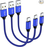 JXMOX Short USB C Cable (0.5ft 3-Pack), USB A to Type-C Charger Cord 3.1A Fast Charging Compatible with iPhone 15 16 Pro Max, Samsung Galaxy S20 S10 S9, Note 10 9, A80 A70 A50 A40, Power Bank (Blue)
