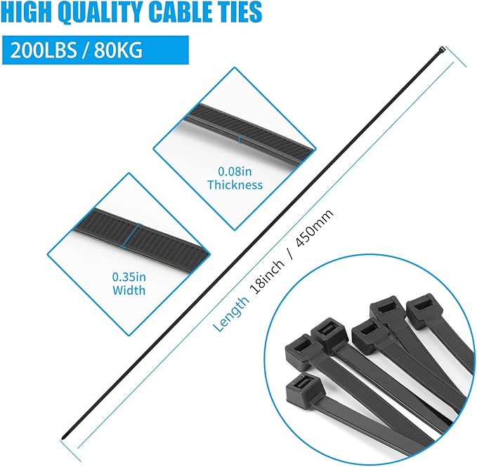 Armpow 18 inch Black Zip Ties Heavy Duty 100 PACK, 200 LBS Ultra Exclusive Strong Plastic Wire Ties, Large Cable Ties Extra Long Tie Wraps, Indoor and Outdoor UV Resistant