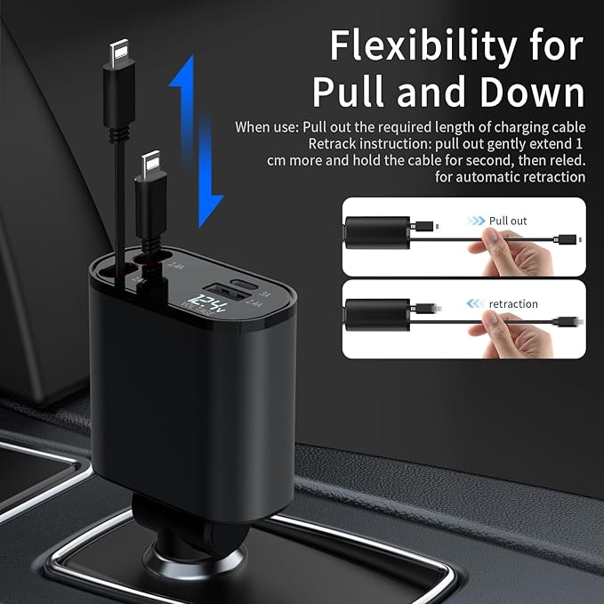 60W Fast Charging Car Charger for iPhone, 4-in-1 Retractable Phone Charger, Travel Essentials, Gifts for Women Men, Car Accessories for Women Men, for iPhone 14 13