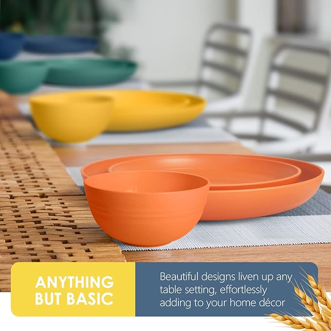 Teivio 32-Piece Kitchen Plastic Wheat Straw Dinnerware Set, Service for 8, Dinner Plates, Dessert Plate, Cereal Bowls, Cups, Unbreakable Colorful Plastic Outdoor Camping Dishes, Autumn Multicolor