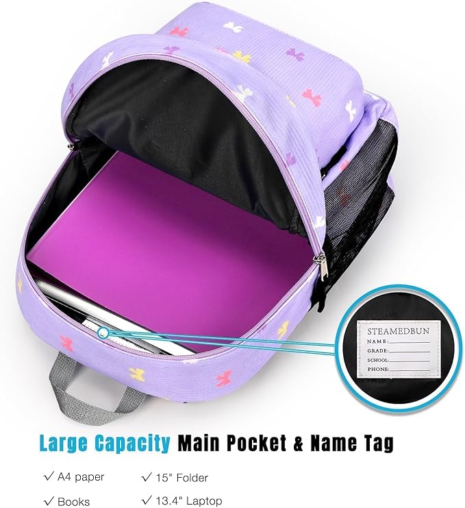 STEAMEDBUN Corduroy Kids Backpack for Girls 3-8, Girls Backpack for Elementary Kindergarten - Purple Bow