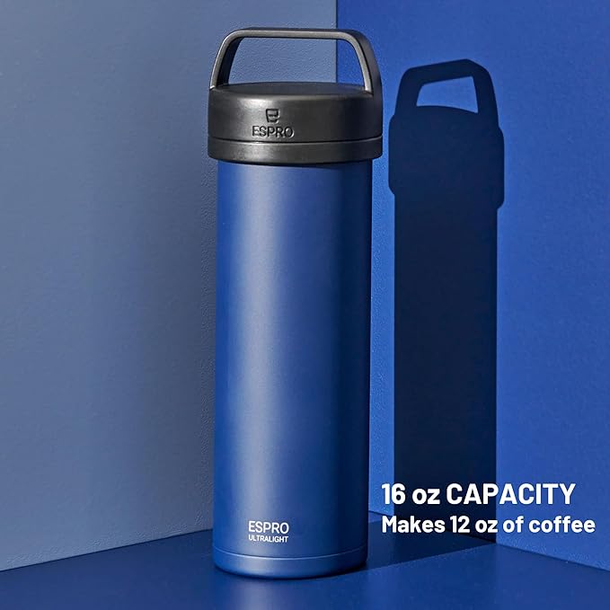 ESPRO Go P0 Ultralight French Press Coffee Maker for Travel, Vacuum Insulated Stainless Steel, 16 Ounces, Aegean Blue