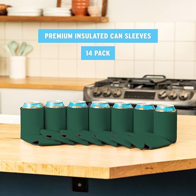 Blank Beer Can Coolers Sleeves (14-Pack) Soft Insulated Beer Can Cooler Sleeves - HTV Friendly Plain Can Sleeves for Beer Cans & Bottles - Blanks for Vinyl Projects & Wedding Favors (Forest Green)