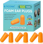 TICONN 100 Pairs Foam Ear Plugs, Individually Wrapped 32dB NRR Noise Reduction Earplugs for Sleeping Hearing Protection Travel Study Concentration Construction Site (100 Pairs)