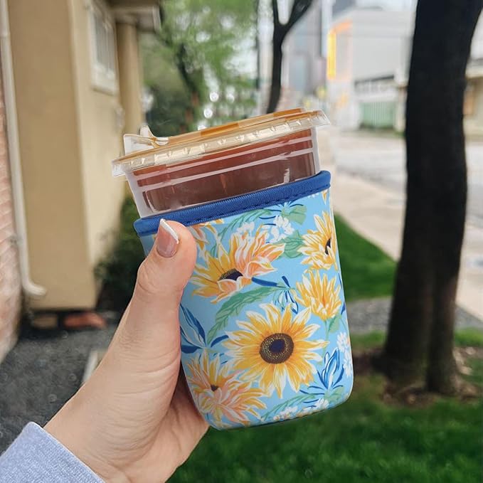 Reusable 3-Pack Iced Coffee Cup Sleeve, Insulated Neoprene, Beverage Holder for Iced Coffee, Durable Drink Sleeve for Cold Beverages, Sunflower Smile