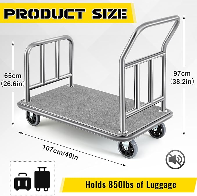 Gilprop Hotel Luggage Cart Bellman's Cart Rectangular Steel Deluxe Platform Truck Holds 850lbs of Luggage (Grey)