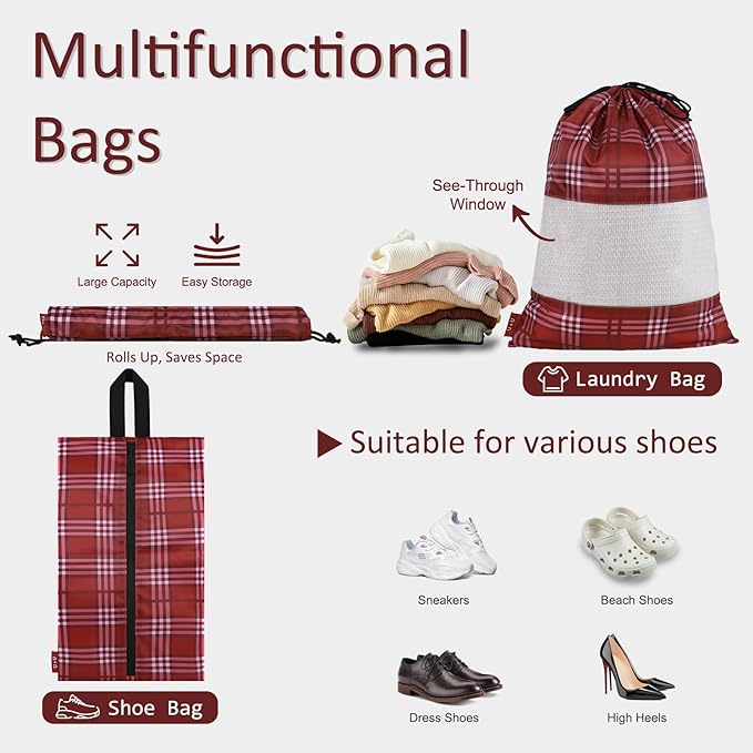 U+U 5 Set Packing Cubes for Travel Essentials Ultralight Luggage Packing Organizers with Laundry Bag and Shoe Bag for Vacation, Business Trip and Camping (Burgundy Checkered)