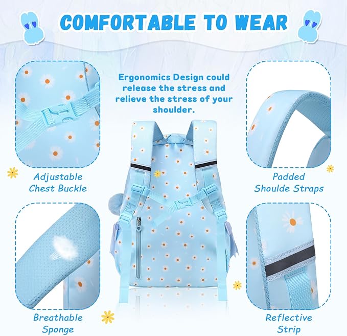 PIG PIG GIRL Kids Backpack for Girls - School Bags for Middle School Students - Book Bag for Elementary Primary - Kawaii Ita Backpack - Blue Daisy