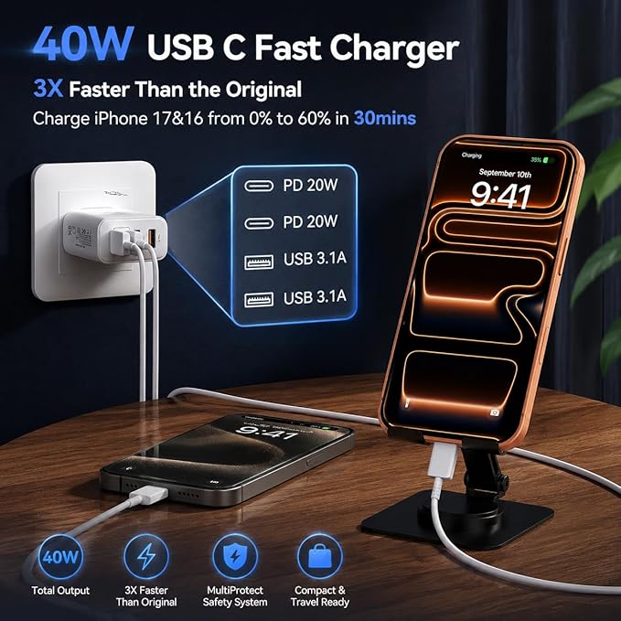 USB C Wall Fast Charger Block, 40W 4-Port Type C Charger Fast Charging Blocks PD Power Charger Adapter+QC 3.0 USB Multiport Charger Brick for iPhone 17/16/15/14/13/12 Pro Max, iPad, Galaxy S25-2Pack