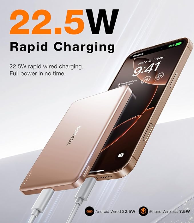 TORRAS MiniMag Power Bank,Ultra-Slim 10,000mAh Magnetic Wireless Portable Charger, 22.5W Fast Charging iPhone Air MagSafe Battery Pack Designed for iPhone 17 Pro Max/17 Pro/Air/16/15/14/13/12, Gold
