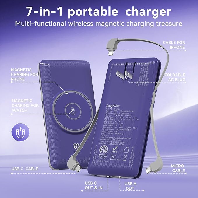 Magnetic 10000mAh Portable Charger for iWatch & iPhone, PD Fast Charging Wireless Power Bank Built-in Cables and Wall Plug, External Travel Battery Pack Compatible with iOS Android Phones