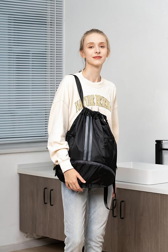 Valleycomfy Sports Drawstring Backpack - Water Resistant String Bag with Side Mesh Pockets Shoe Compartment Gym Backpack for Women & Men Dark Blue
