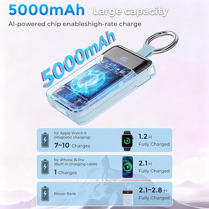 Portable Charger,5000mAh PD 20W Super Fast Charging Power Bank with Built-in Cables,Travel Keychain Battery Pack for Apple Watch Ultra/11/10/9/8/7/6/SE,iPhone 17/16/15/14/13/12 (Blue)