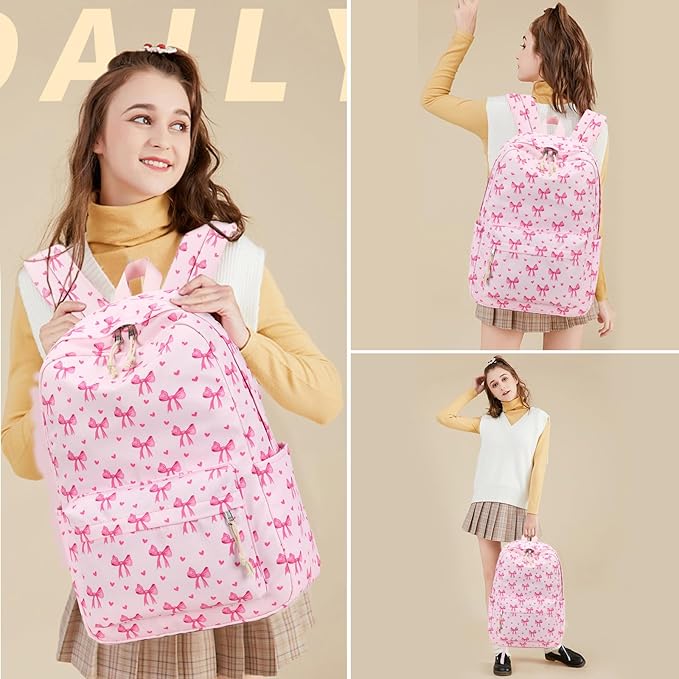 LOIDOU Backpack for Girls School Backpacks Bookbags for Elementary Middle School Women Laptop Backpacks (Pink bow-215, L-17)