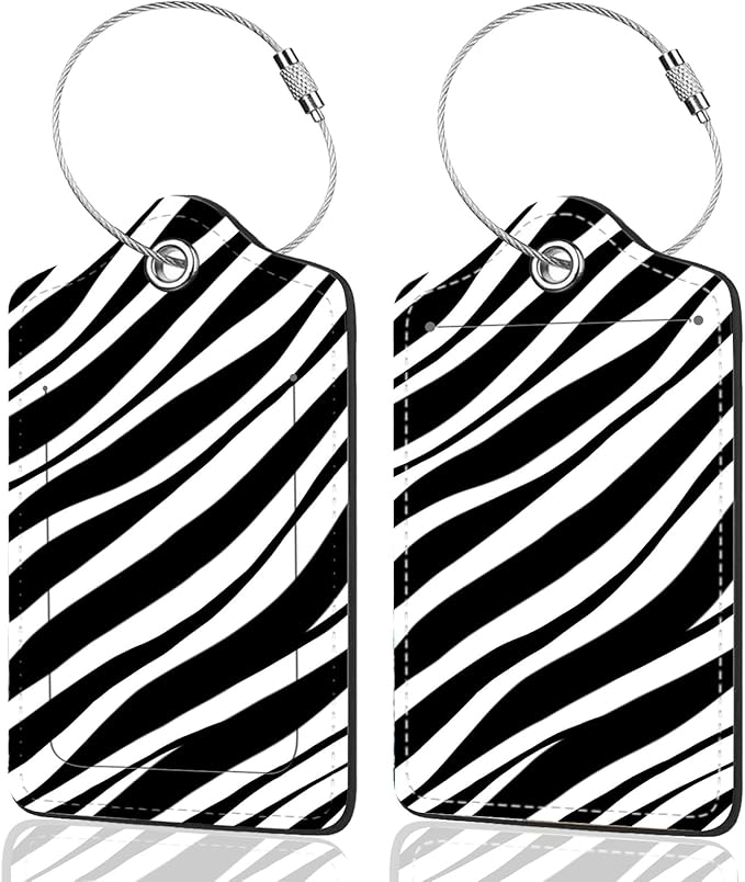 2Pack Luggage Tags for Suitcases, Cute Unique Pu Leather Cruise Luggage Tag with Privacy Cover ID Label Address Card and Metal Ring Suitable for Women Men Kids Travel Bag Black and white lines