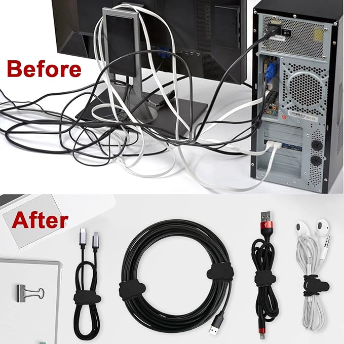 16Pcs Silicone Cable Straps Wire Organizer for Bundling Earphone, Phone Charger, Computer Cords, Reusable Cable Ties Cord Organizer in Home,Office,Kitchen,School(Black)