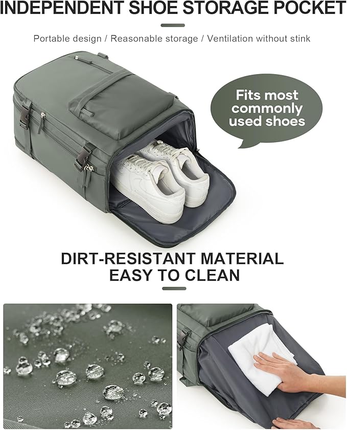 WONHOX Large Travel Backpack Women,Carry On Backpack Flight Approved 18x14x8 inches Bag Spirit Airlines Personal ltem,College Sports Hiking Rucksack Laptop Blackpack mochila de viaje,Green