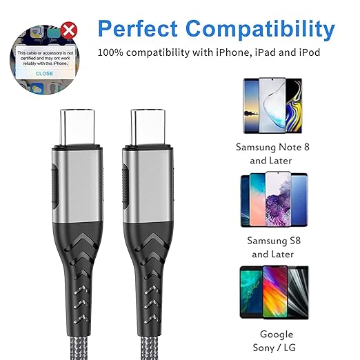 Durcord USB C Charger Cable Fast Charging, 2Pack 60W 6ft USB C to USB C Cable for Android Phone Pad, Type C to Type C Charger Braided USB Cable Silver Compatible with iPhone 15/Pro/Plust/Max Silver